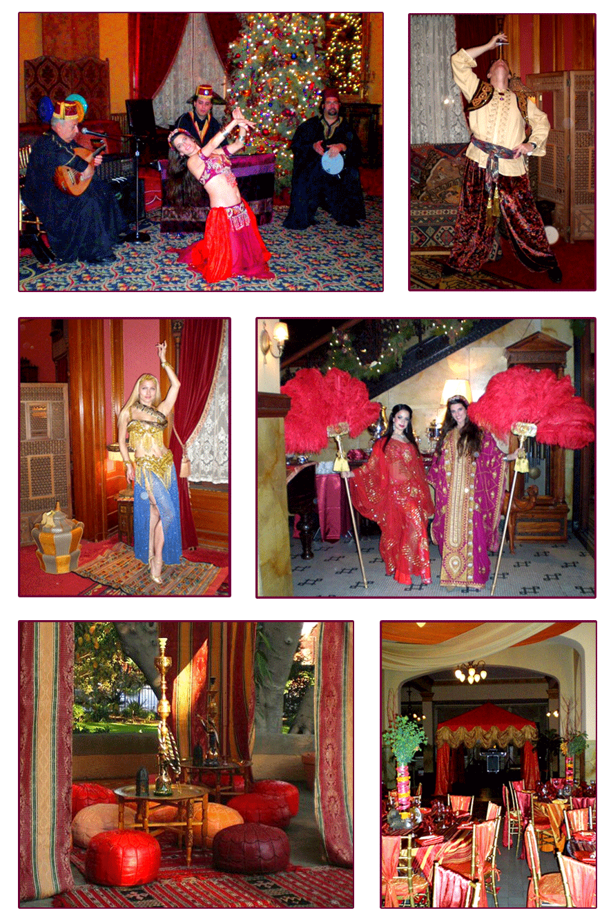 Various images at Corporate Holiday Party, Historic Castle Green, Pasadena, CA  showing live entertainment including belly dancers, sword swallowing