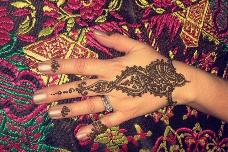 Interactive entertainment image showing a completed henna hand decoration