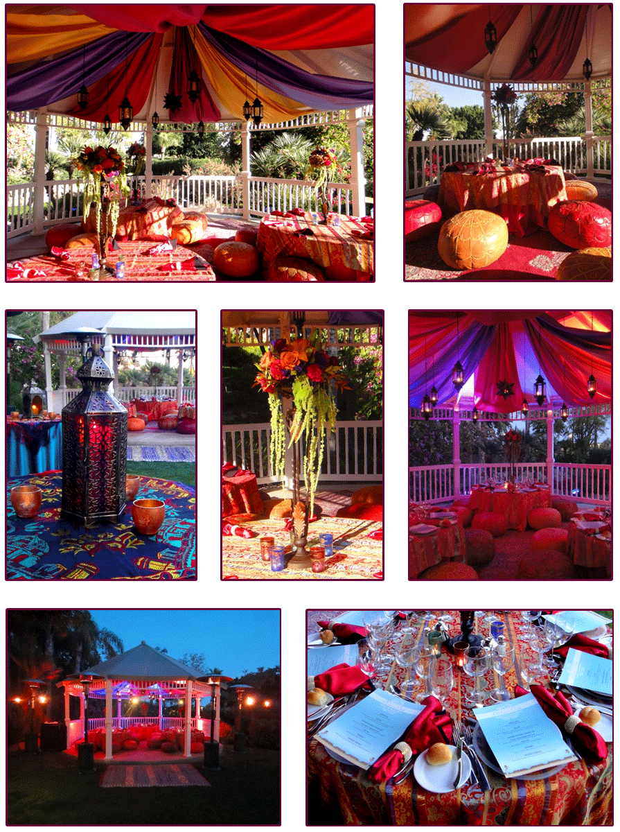 Images showing outdoor gazebo decoration, lantern centerpiece, table setting and floral decor for Luxury Picnic Gazebo-Style, The Phoenician resort & spa, Scottsdale, AZ