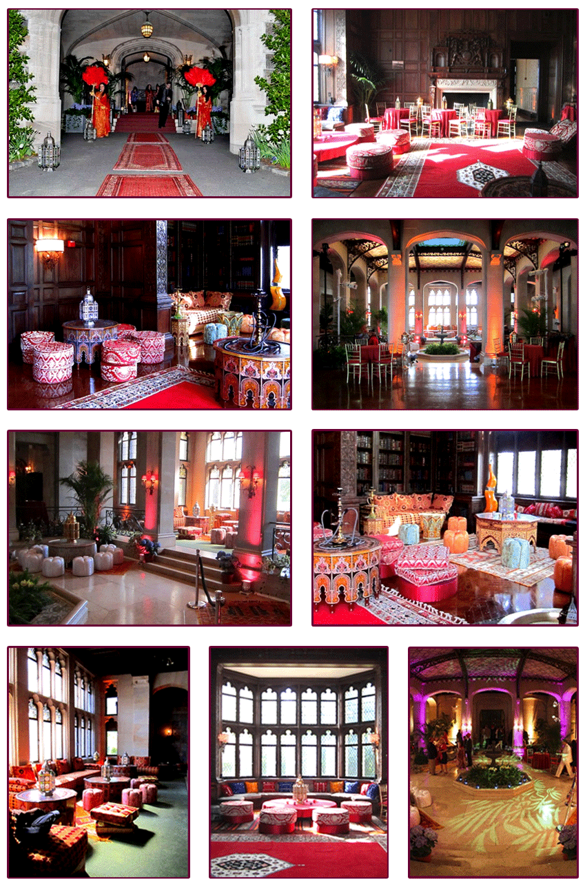 Collection of images showing decor, styling, arabic seating and table settings and live performances for Fundraising Event, Hempstead House, Sands Point, NY