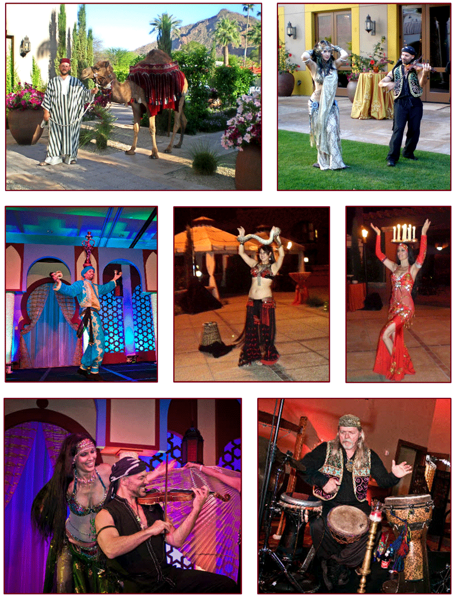 Various images showing belly dancer and violinist, live camel and handler, belly dancers and live musicians at Resort Event at The Omni Montelucia RESORT & SPA, Scottsdale, AZ