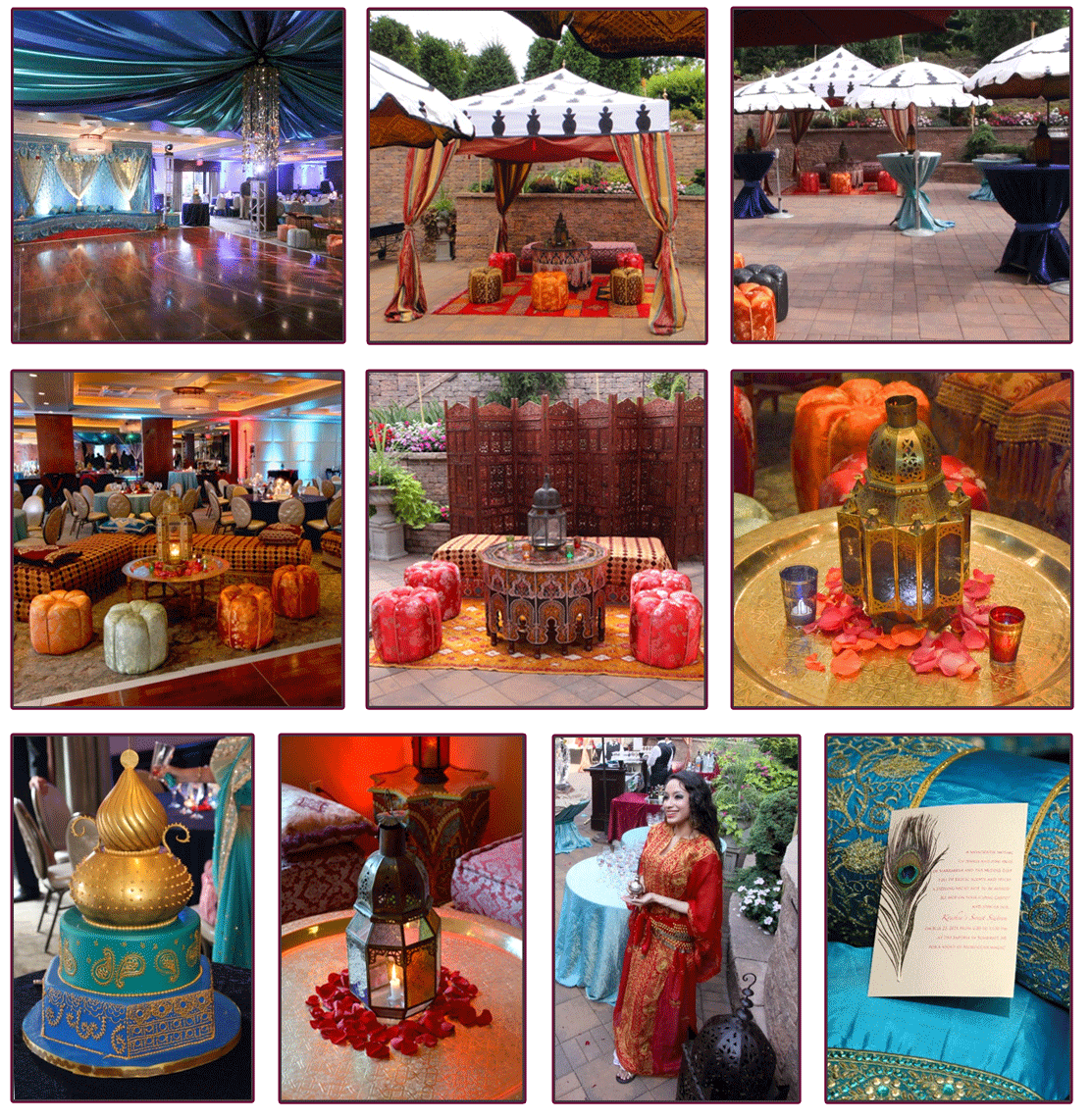 Various images showing outdoor canopies, lantern centerpieces, arabian style designs and decor at Sweet Sixteen Party Indian-Style, The Iberia, Somerset, NJ