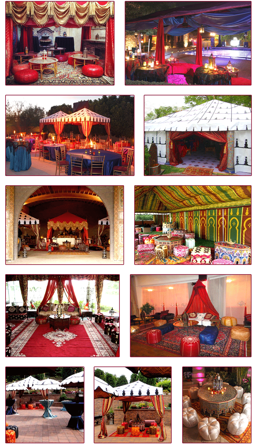 Various images showing setup, table settings, decor and performances at Pre-Wedding Henna Party, Temple Torah, Little Neck, NY