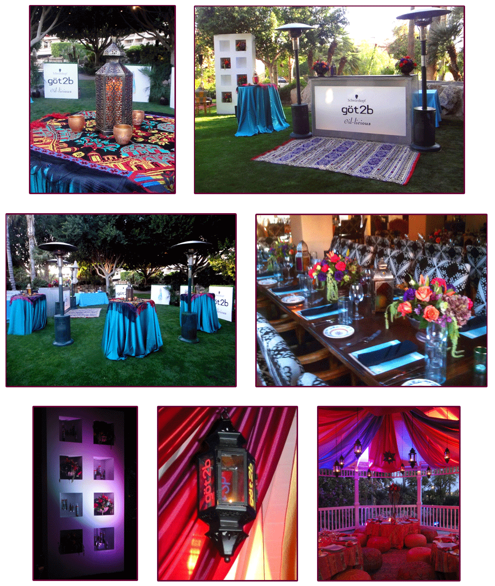 Various images for BRANDED & THEMED DECOR, The Phoenician RESORT & SPA, Scottsdale, AZ showing outdoor table setups, indoor dining  tables, lantern decorations and branded event signage