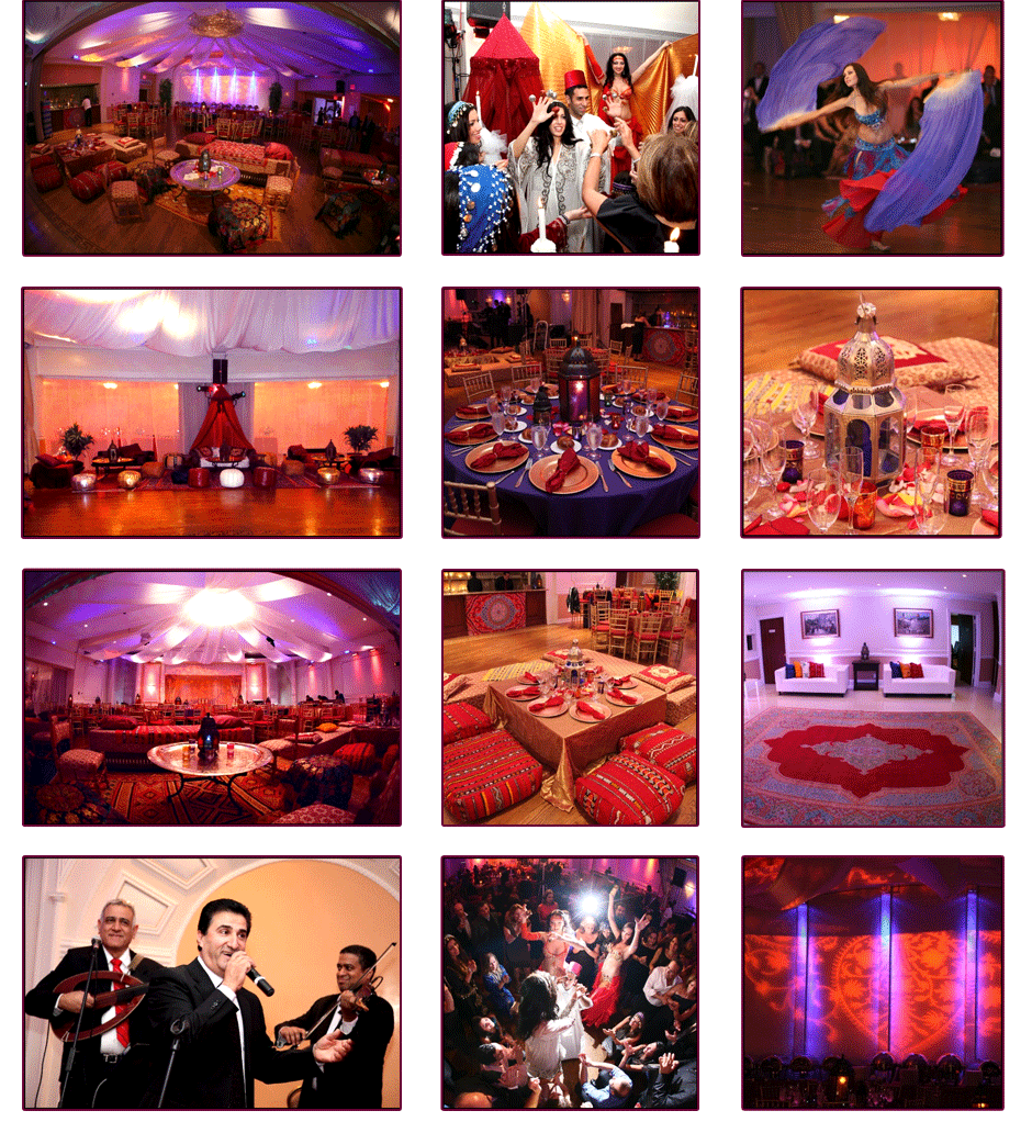 Various images showing setup, table settings, decor and performances at Pre-Wedding Henna Party, Temple Torah, Little Neck, NY