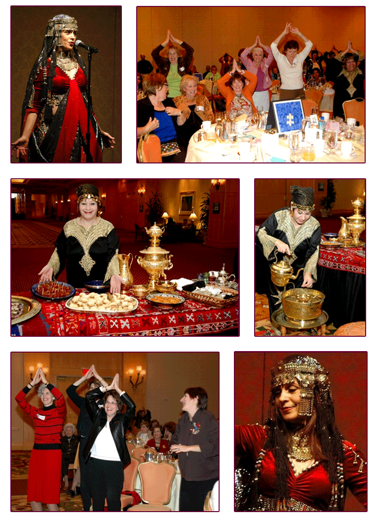 decorations, table settings and attendees at a lecture demonstration on the art of belly dancing with Moroccan desserts