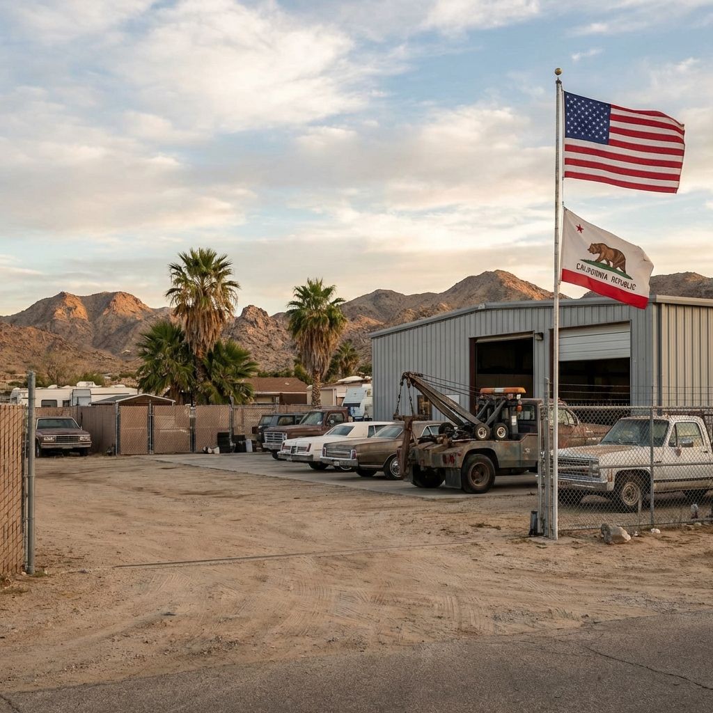 Twentynine Palms towing service area with desert mountains and California flag