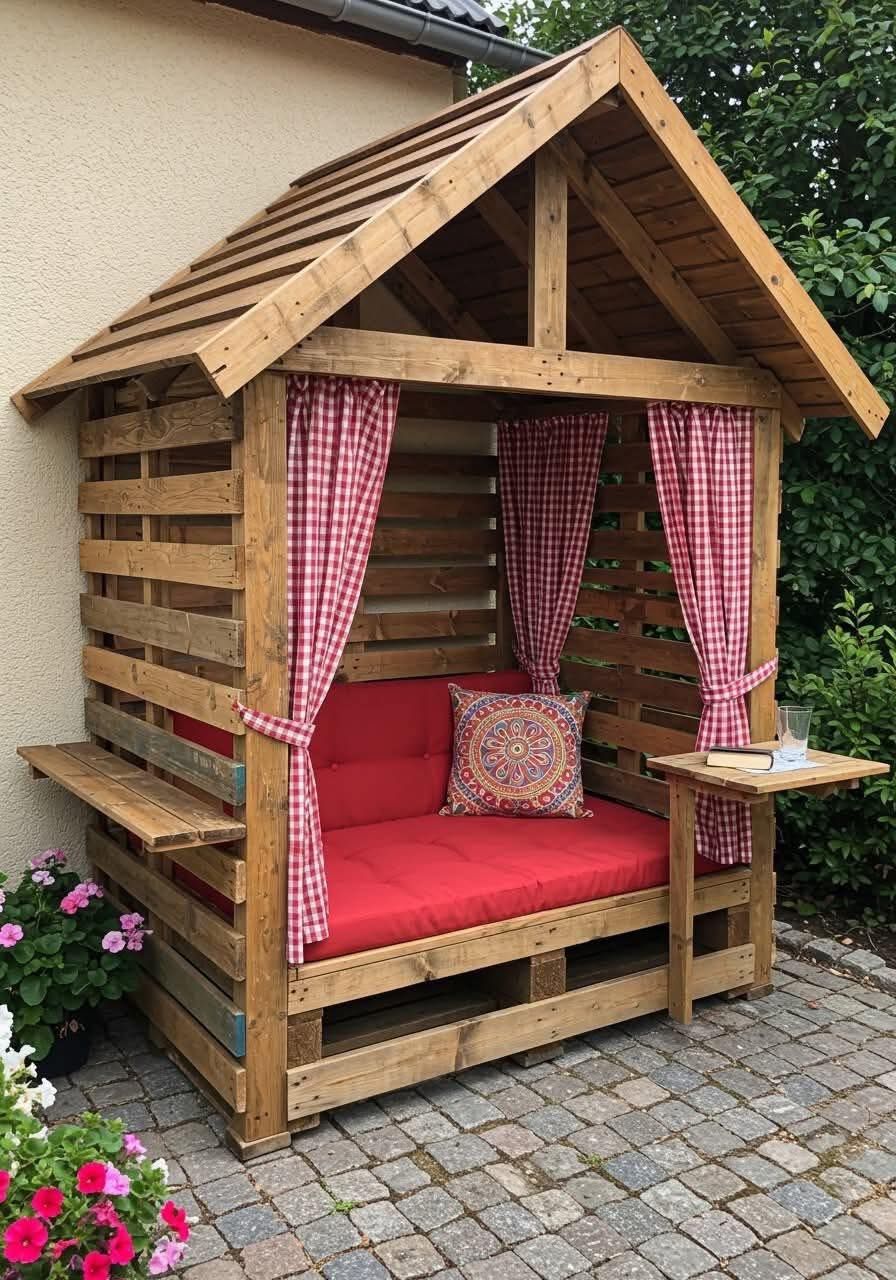 A wooden gazebo made out of wooden pallets with red cushions and curtains.