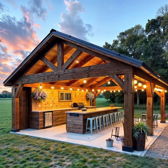 A large wooden structure with a large table and stools underneath it