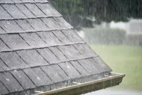 Rain falling on a gray shingled roof and into a gutter. Blurry green background.