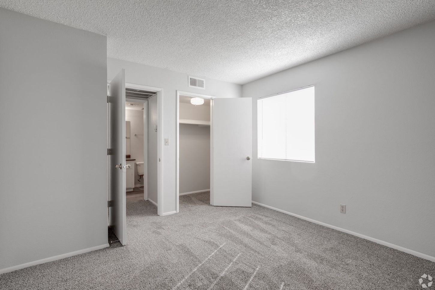 Empty bedroom with open doors to a closet and bathroom; gray walls, carpet, and white ceiling.