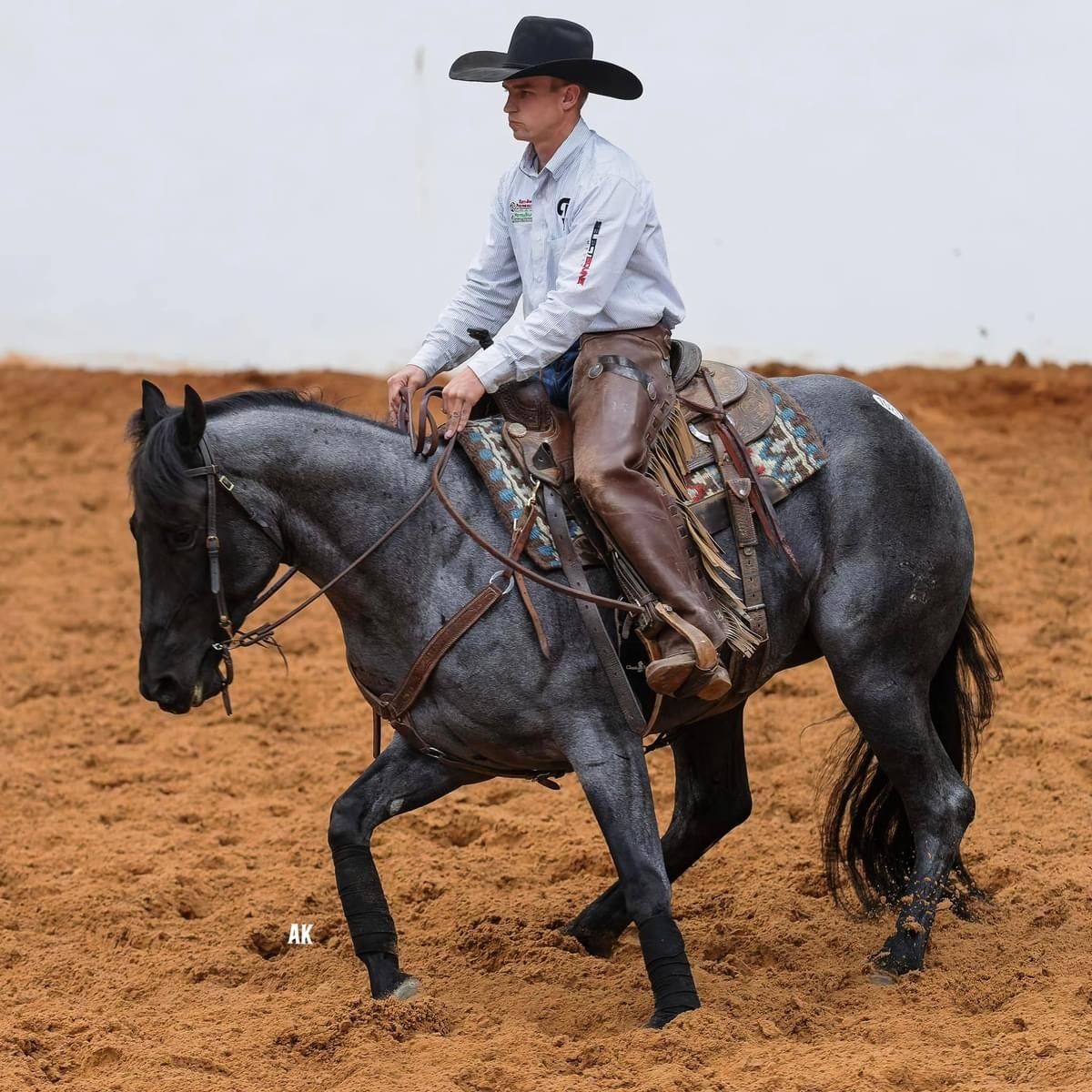 Man on gray horse in arena, performing a reining maneuver.