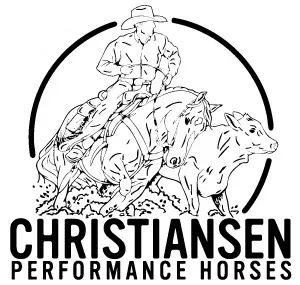 Cowboy riding a horse and roping a calf, logo for Christiansen Performance Horses.