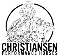 Cowboy riding a horse and roping a calf, logo for Christiansen Performance Horses.