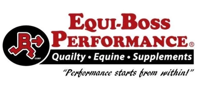 Logo for Equi-Boss Performance: Text and a stylized horse symbol, in red and black, promoting equine supplements.