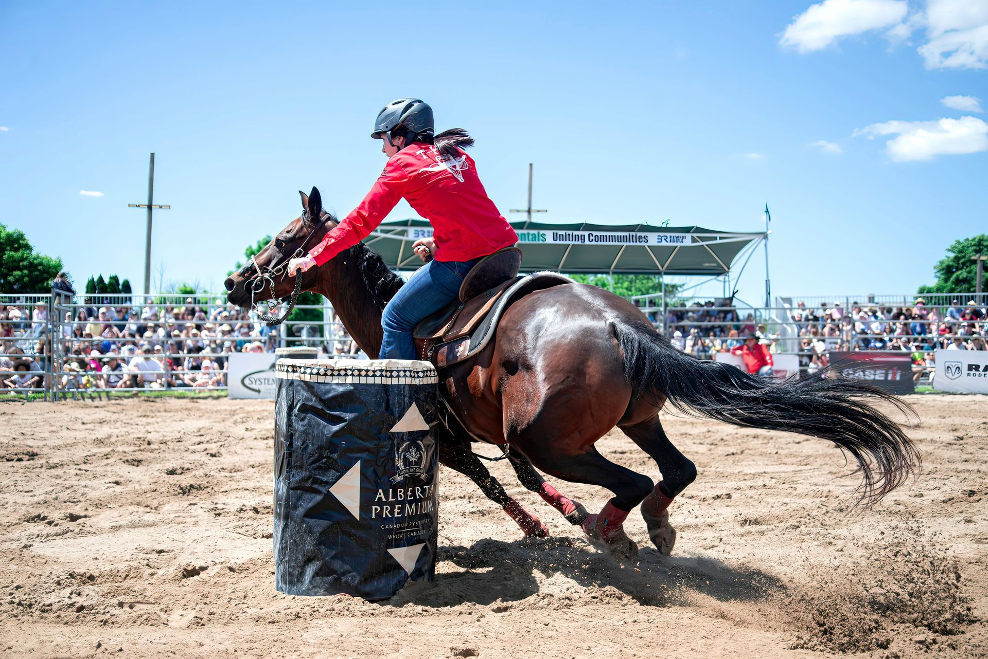 Cowgirl on a brown horse rounding a barrel in a rodeo arena, dusty setting, sunny day.
