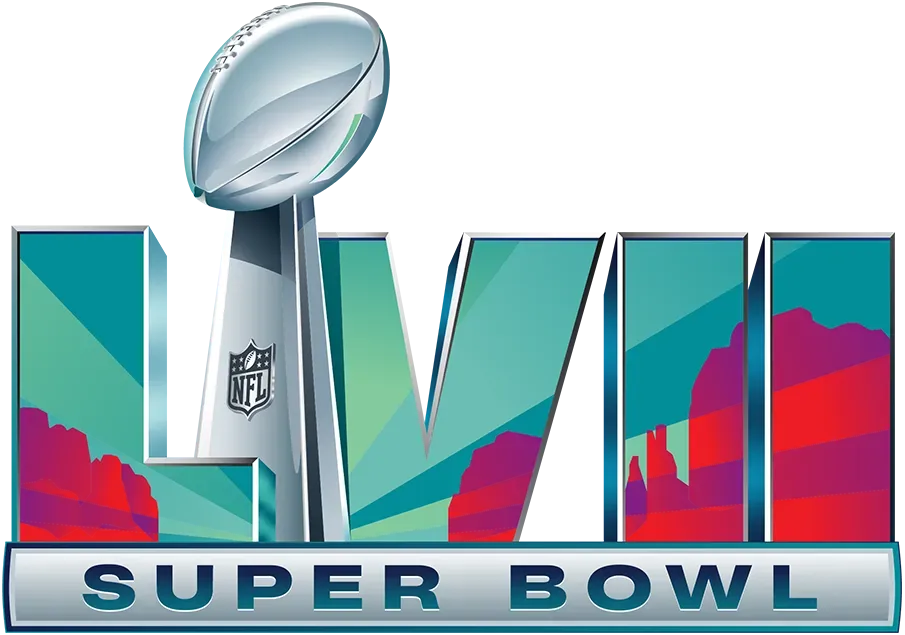 A logo for the super bowl with a football and a trophy