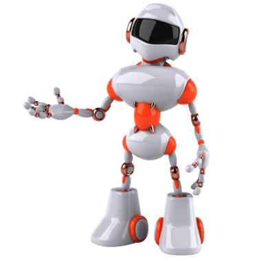 A robot with a helmet and headphones is standing on a white background.