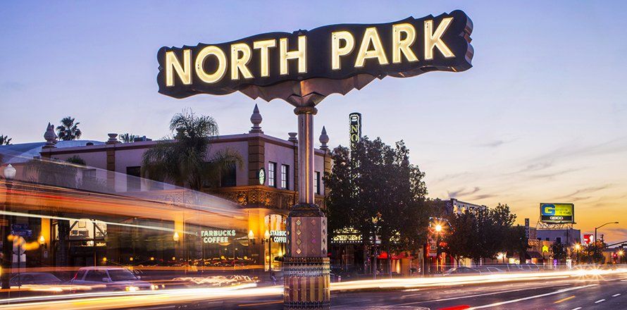 The North Park sign at night.