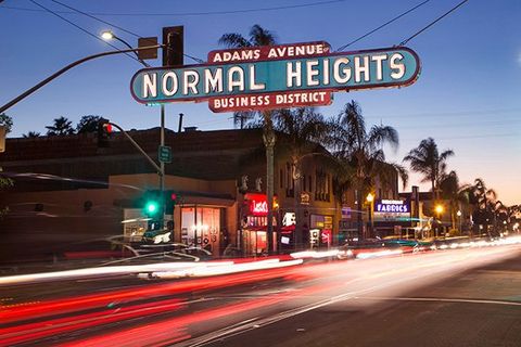 The Normal Heights sign at night in San Diego.
