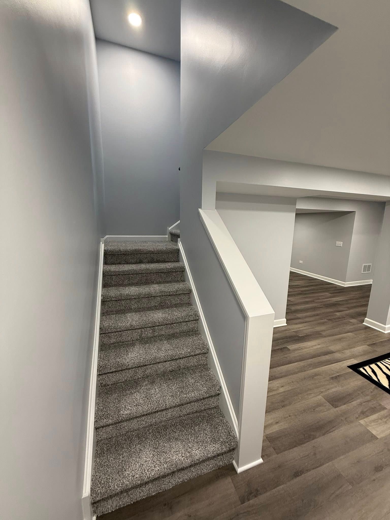 Carpeted staircase in a gray-painted interior hallway with white railings and wood flooring below