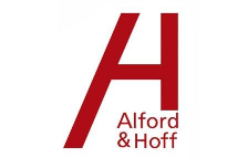 A red and white logo for alford & hoff