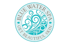 A blue water spa logo that says get beautiful skin