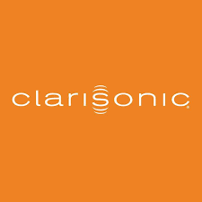 The clarisonic logo is on an orange background.
