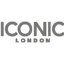 A black and white logo for iconic london on a white background