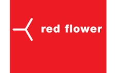 A red flower logo with a white arrow on a red background.