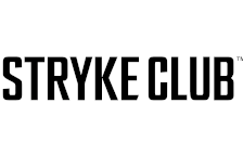 A black and white logo for stryke club on a white background.