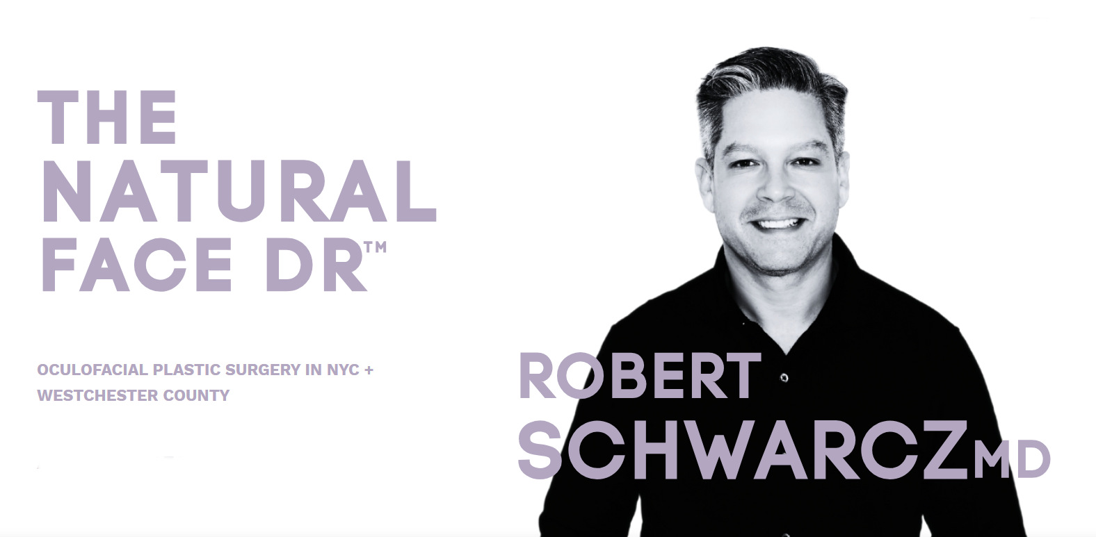 A black and white photo of a man with the words `` the natural face dr '' behind him.