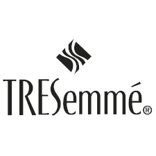 The tresemme logo is black and white and has a diamond in the middle.