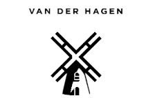 A black and white logo for van der hagen with a windmill