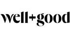 The well + good logo is black and white on a white background.