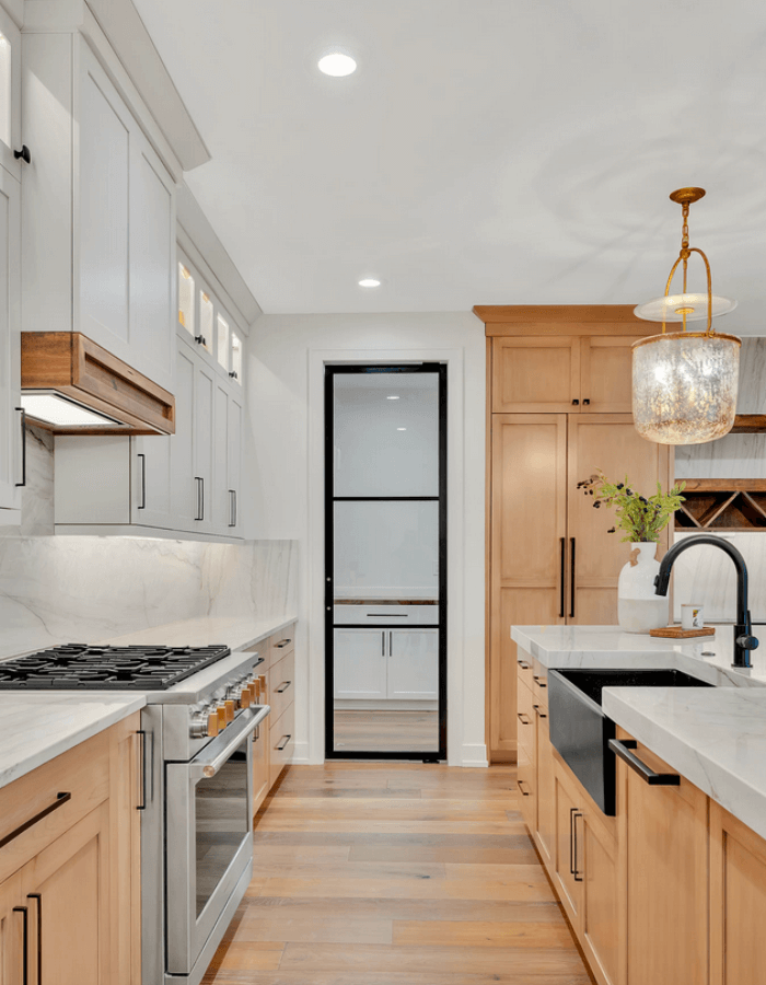 Kitchen with glass pantry door