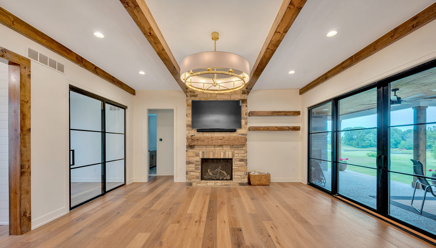 Living room with open beam ceiling