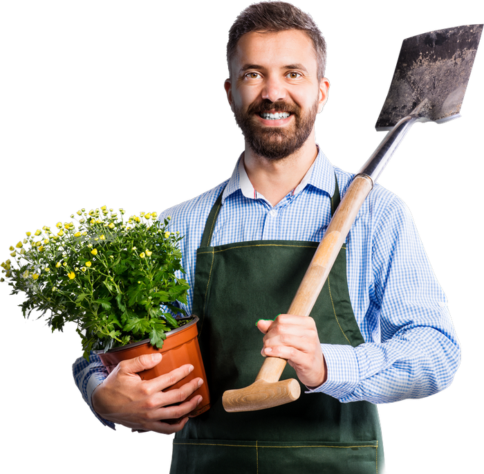 Male Gardener holding a shovel and flower pot