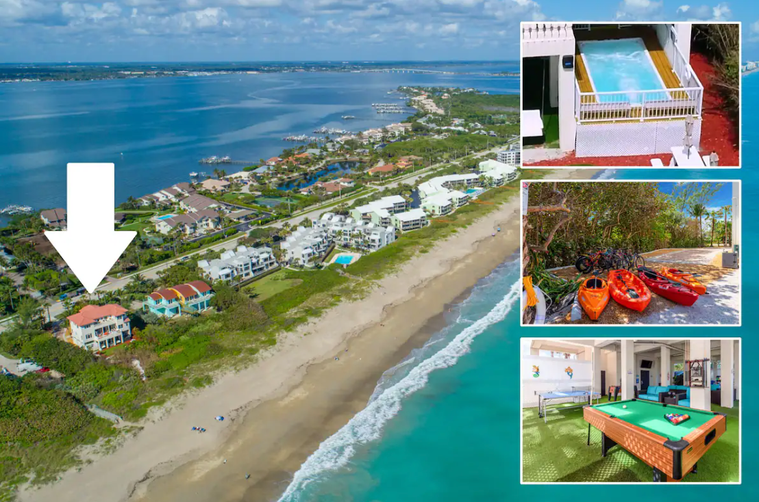 An aerial view of a beach with a pool table and kayaks.