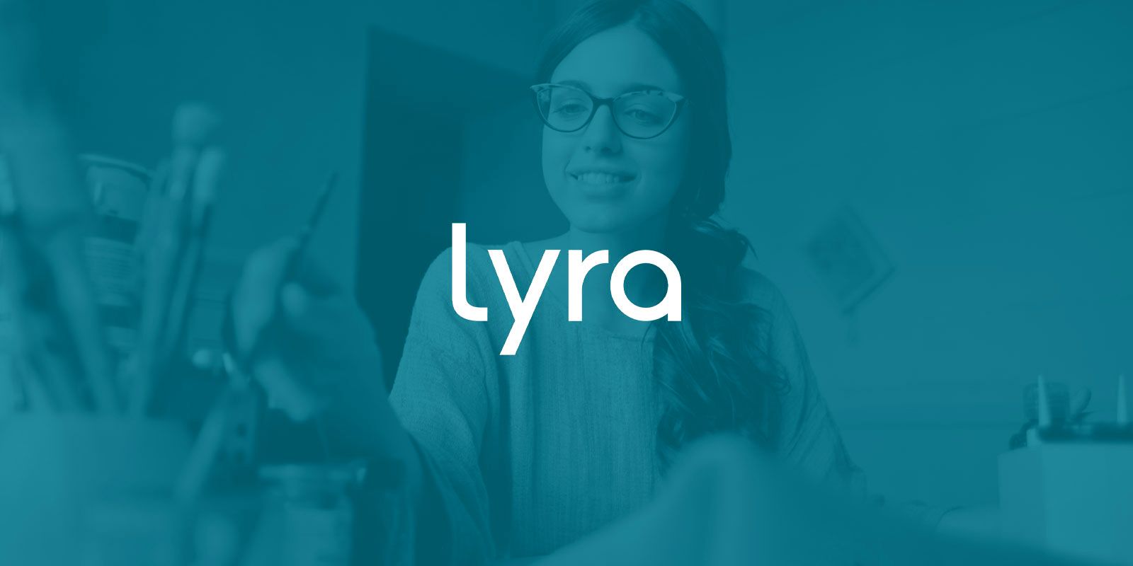 A woman sits smiling with a paintbrush in her hand and the company title Lyra Health displayed in the middle