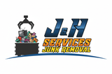Logo: Black claw machine dumping junk into a bin. "J & H Services Junk Removal" text below.