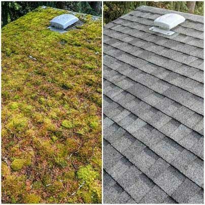 A before and after picture of a mossy roof and a clean roof.