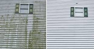 A before and after picture of a house 's siding.