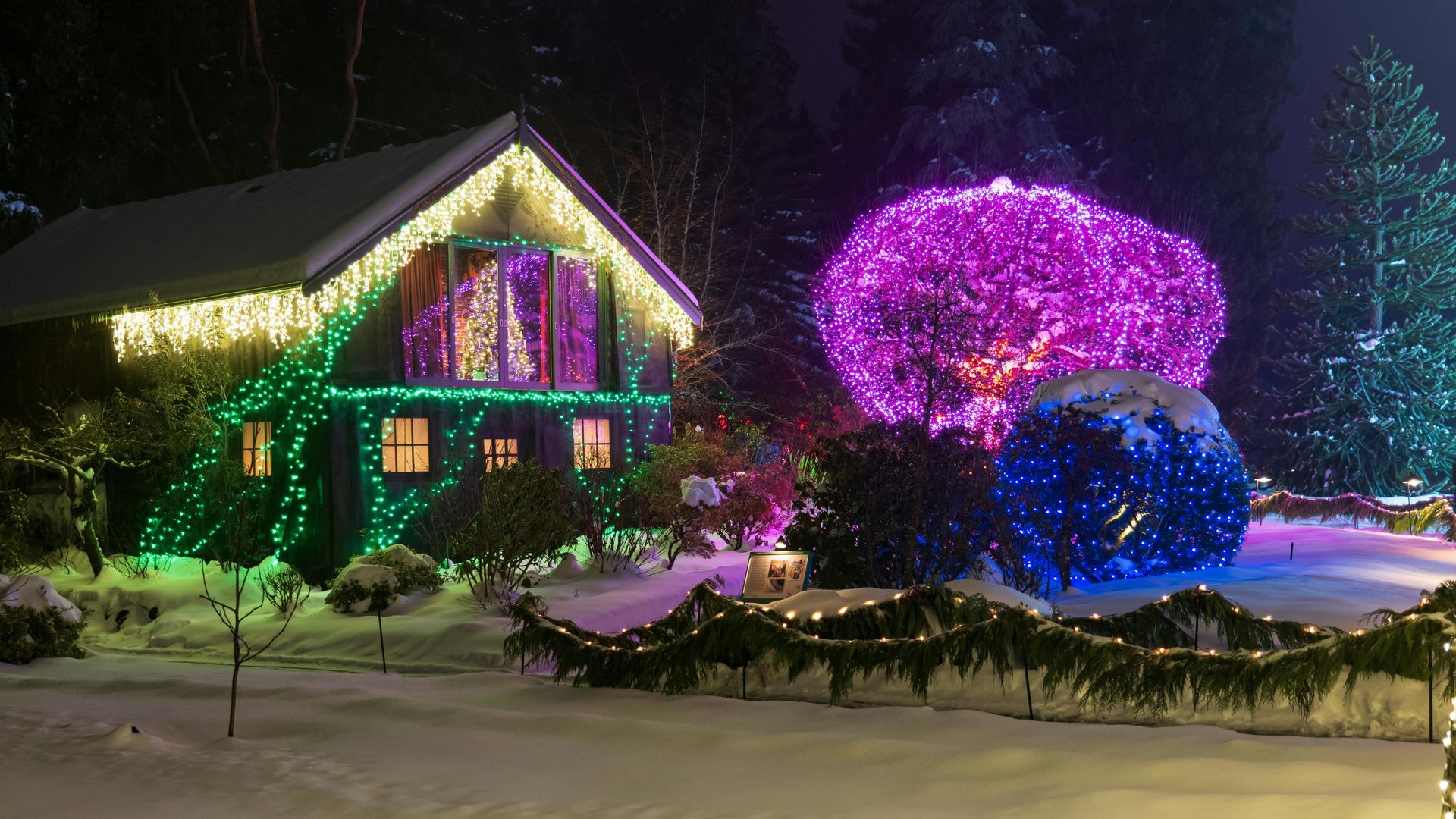 A house is decorated with christmas lights at night in the snow.
