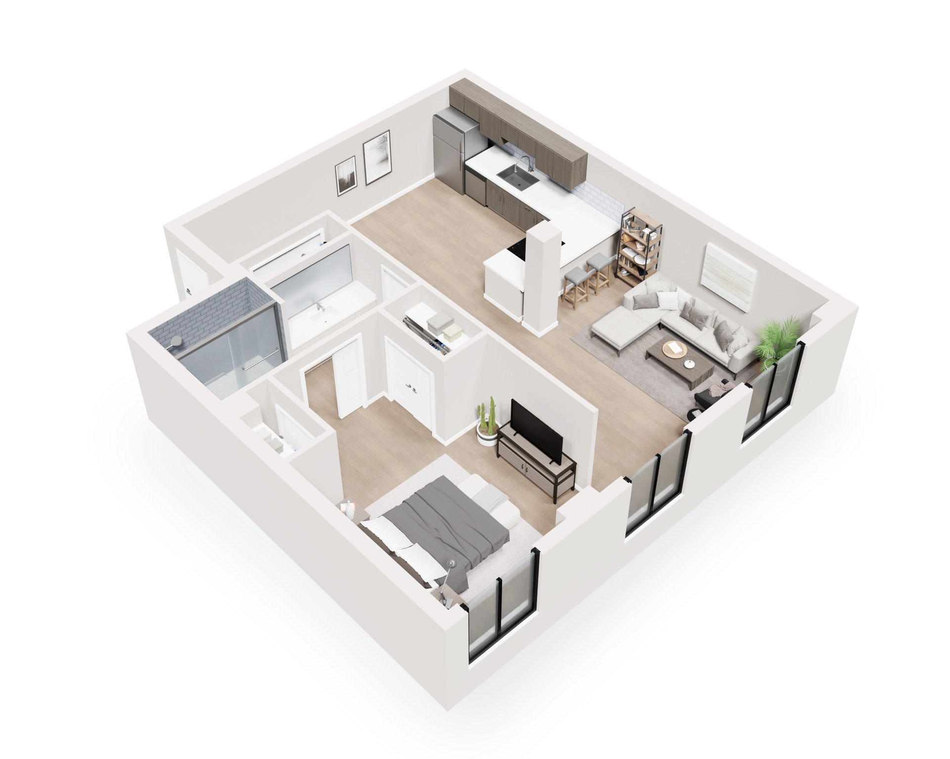 Isometric view of a modern apartment layout: bedroom, bathroom, kitchen, living room. Neutral colors.