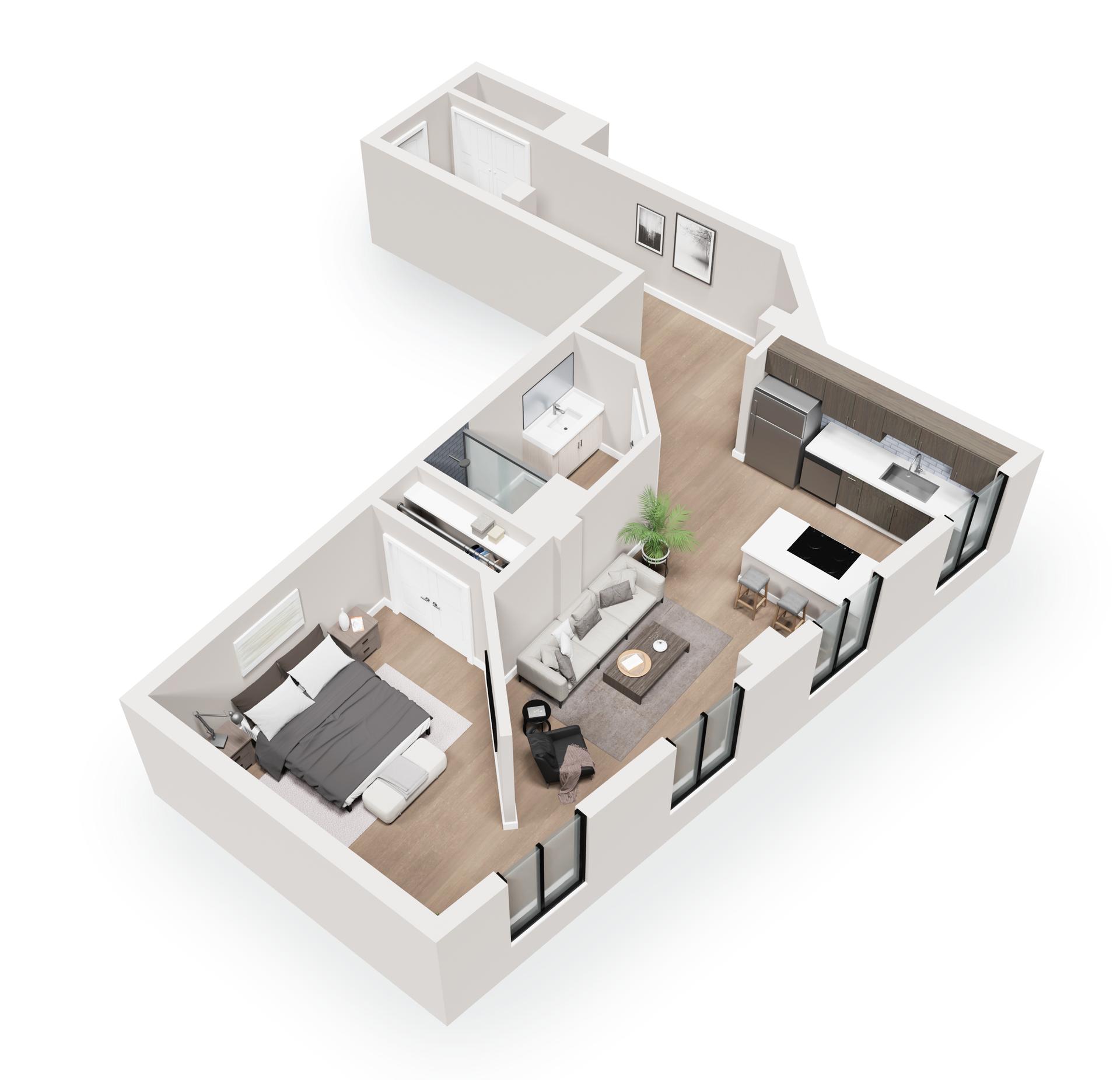 Floor plan of a modern apartment with bedroom, bathroom, kitchen, and living room, with furniture.