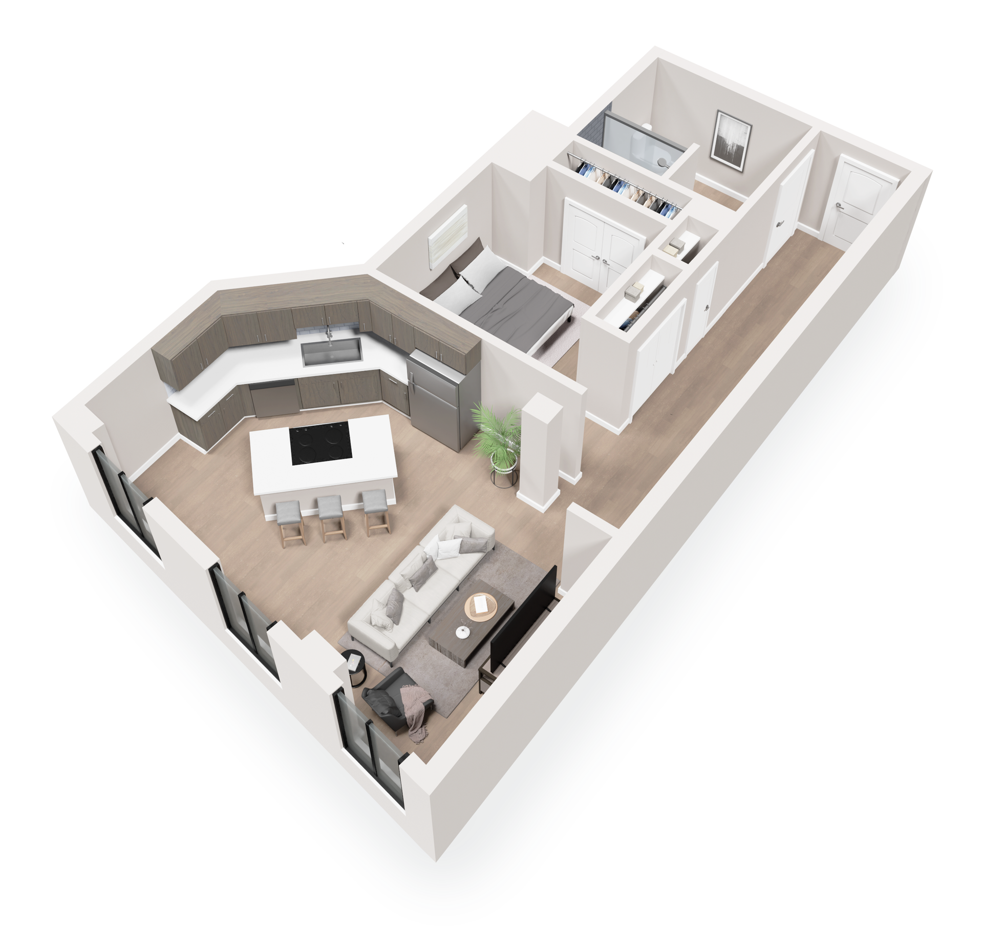 1-bedroom floor plan of a modern apartment, featuring a kitchen, living room, bedroom, and bathroom; neutral colors.