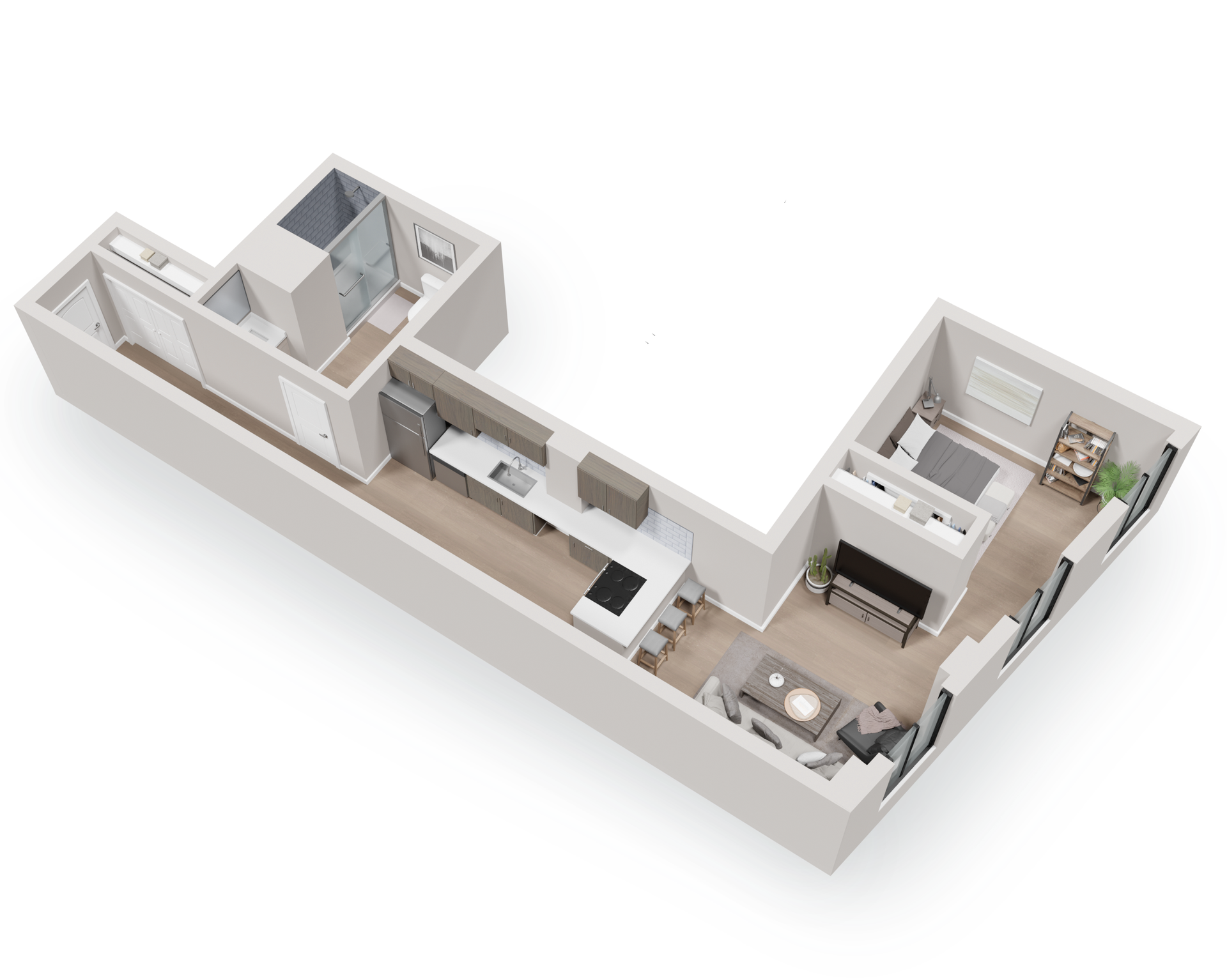 1-bedroom floor plan of a modern apartment with a kitchen, living room, bedroom, and bathroom.