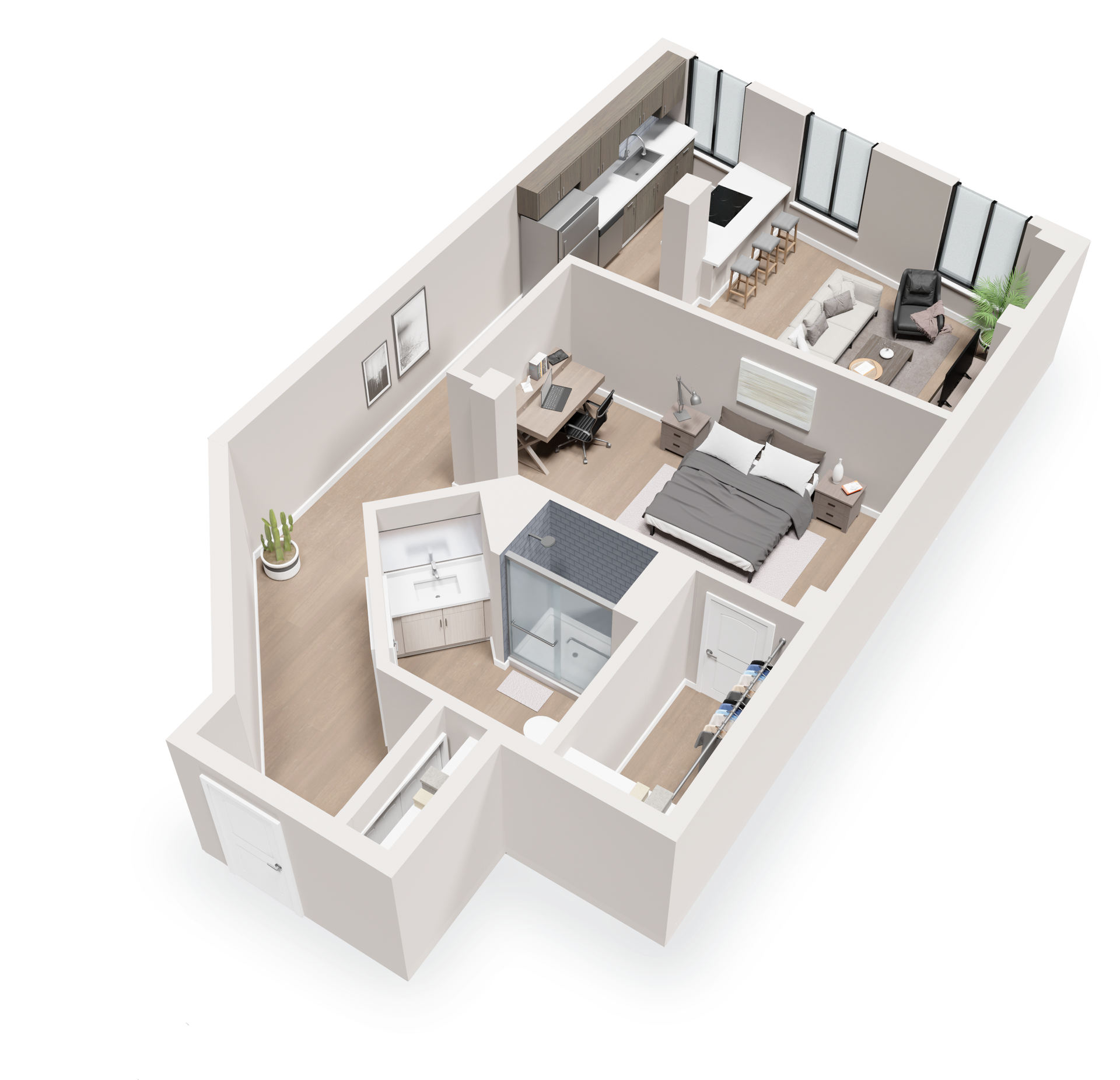 Isometric view of a modern apartment layout with a kitchen, living room, bedroom, and bathroom.