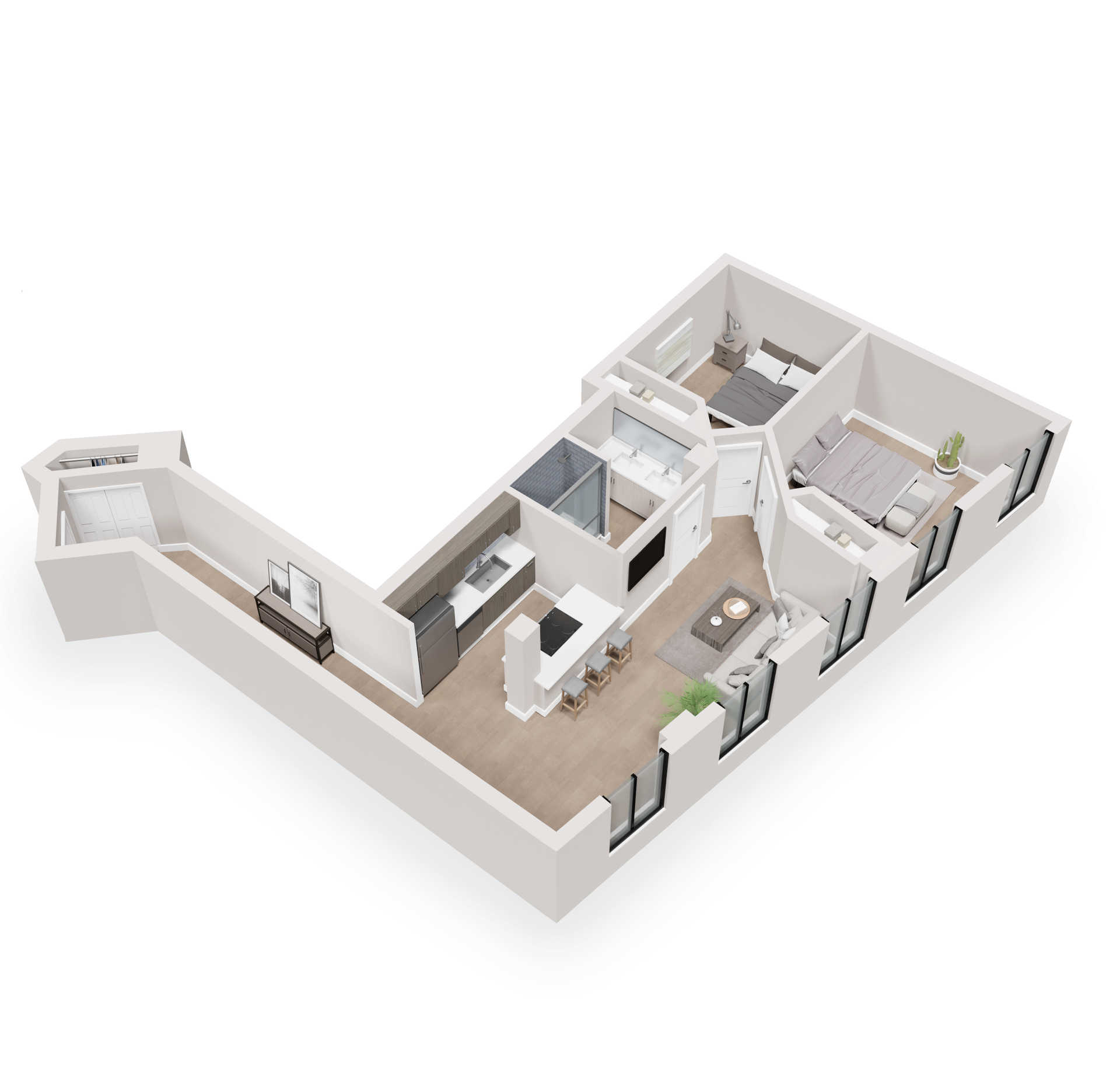 2-bedroom floor plan of a modern apartment with two bedrooms, a kitchen, and a living area.